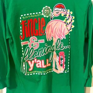 Youth medium girliegirl original long sleeve green flamingo Christmas tee tshirt